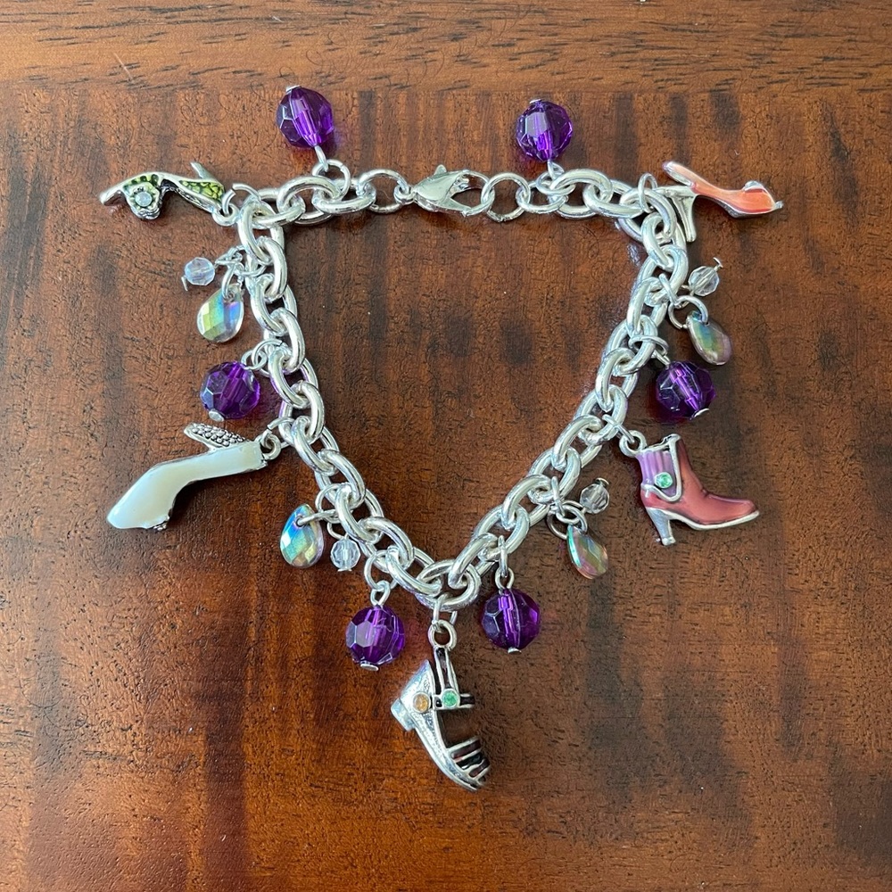 Silver tone charm bracelet purple and clear faceted crystals 5 shoe charms